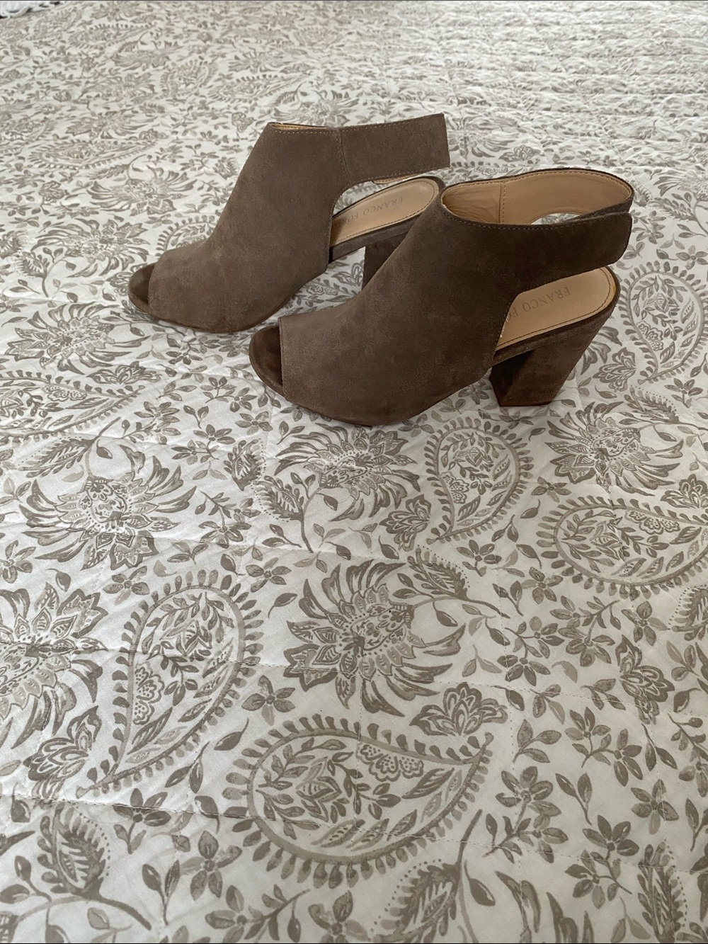 Franco Fortini Brown Suede Peep-Toe Slingback Block Heel Mules